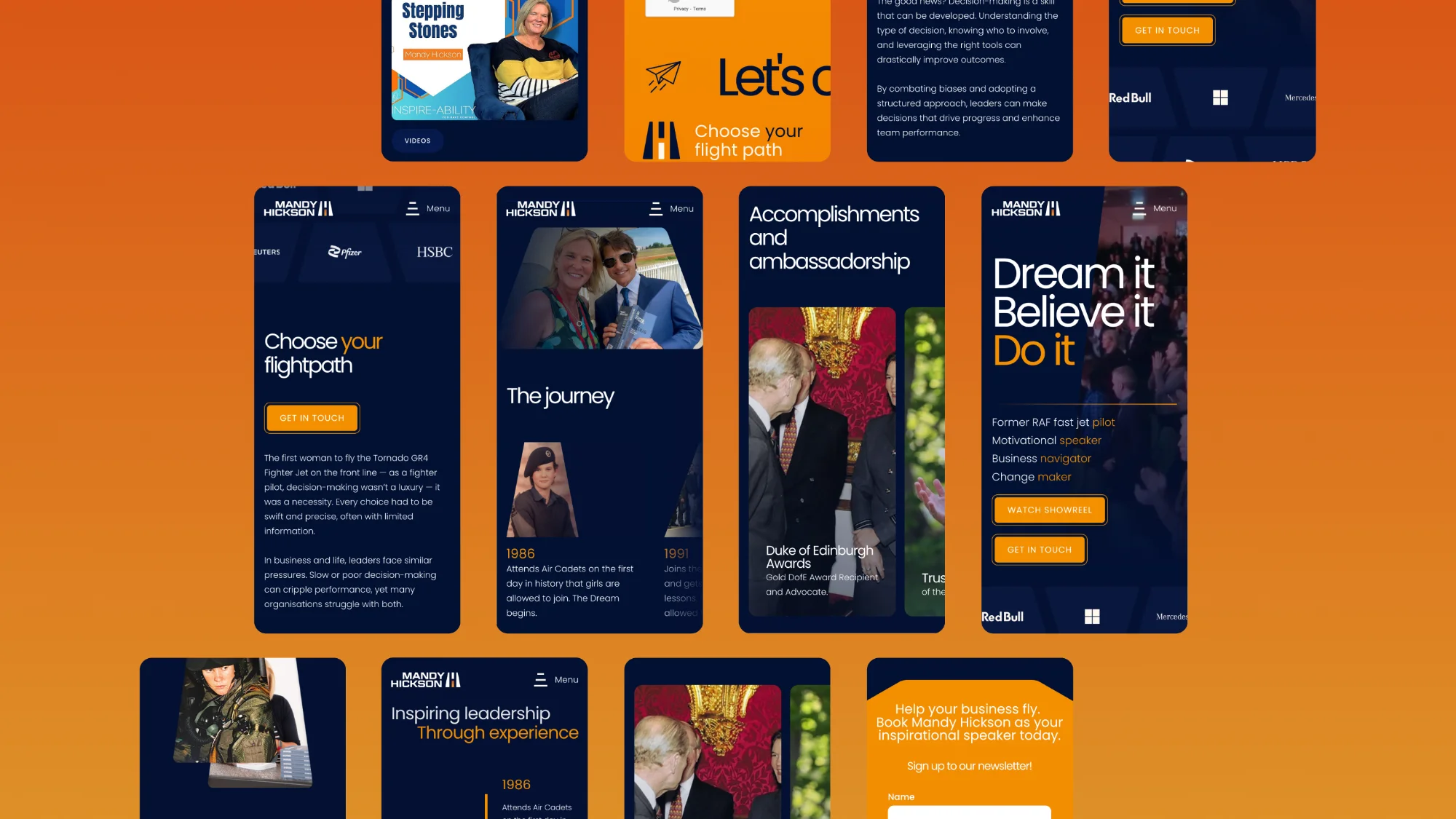 Multiple mobile views of Mandy Hickson's website on an orange background.