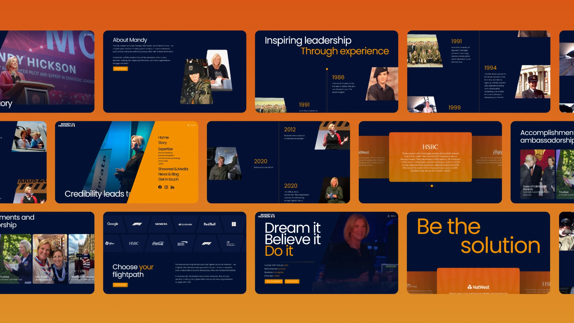 Several screens from Mandy Hickson's website on an orange background.