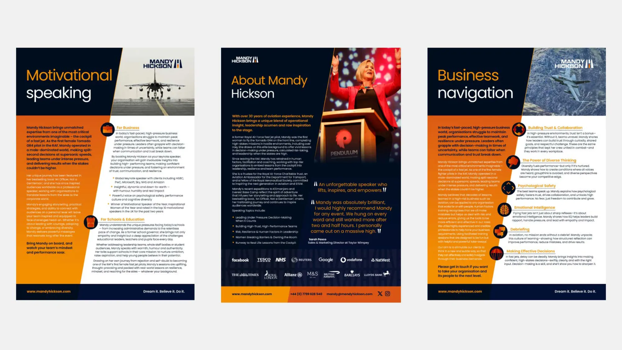 Some pages from Mandy Hickson's worksheets in white, dark blue and orange