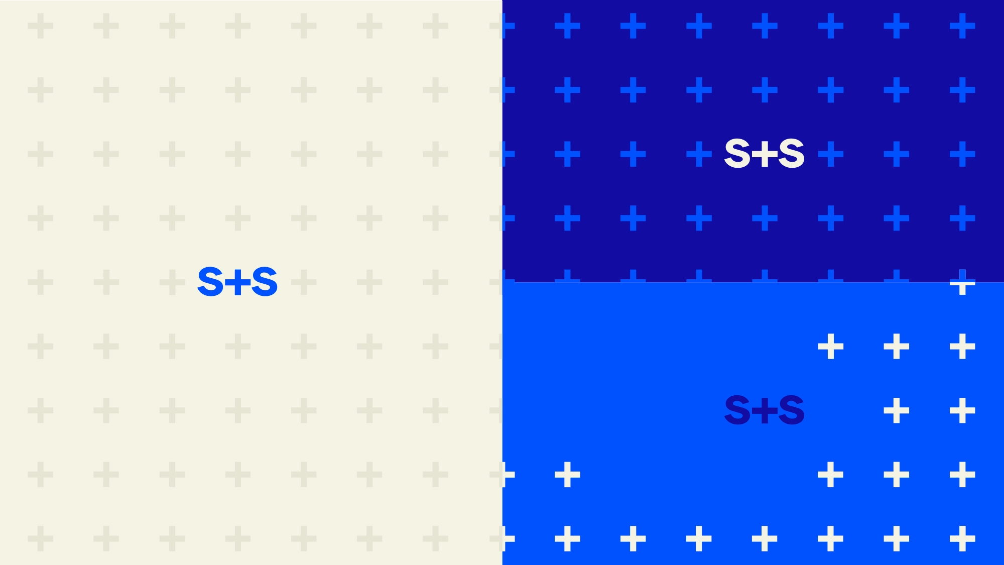 Abstract background with three blue squares containing repeated white and blue plus signs and the text 'S+S' in different shades of blue.