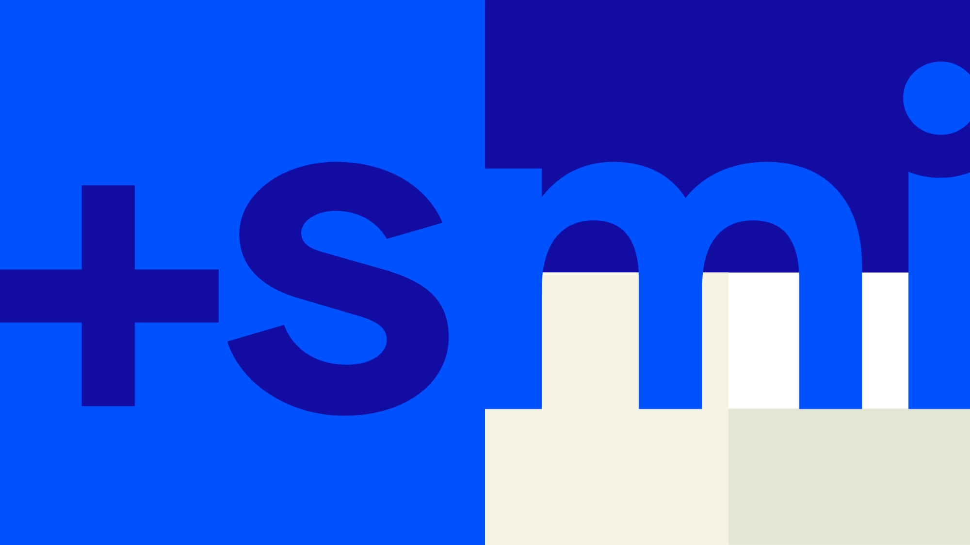 Abstract blue and white background with large stylized letters partially visible, including a plus sign and the letters 'smi'.
