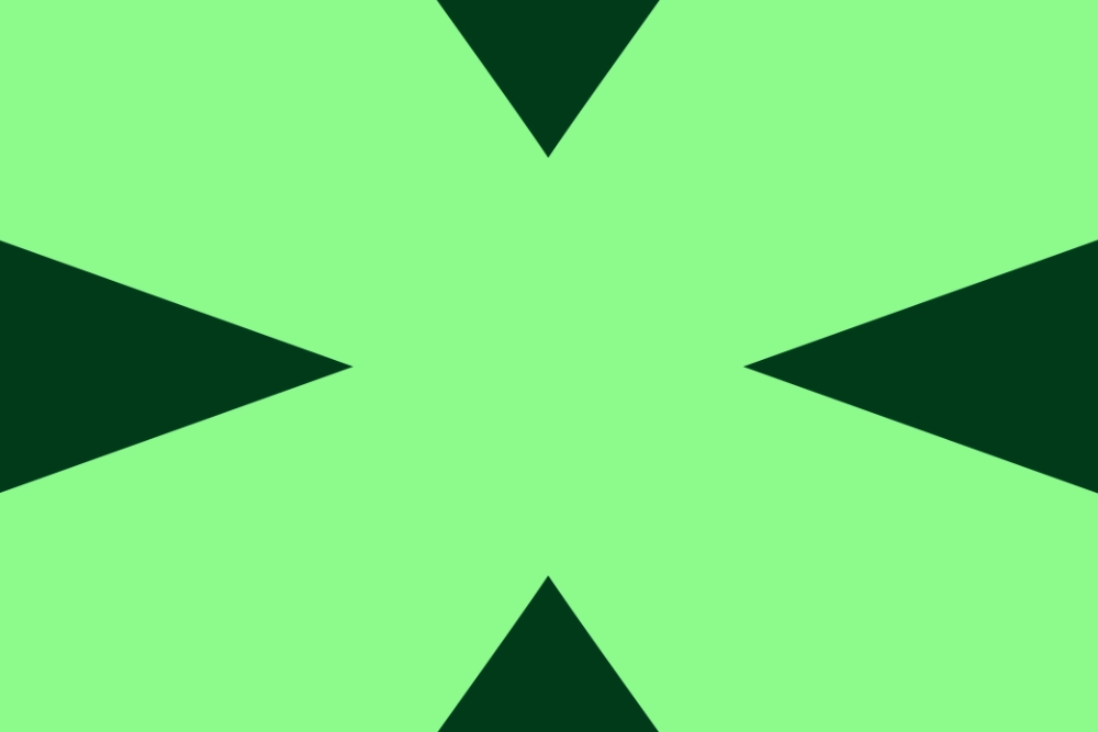 Large green X shape with dark green triangular cutouts pointing inward on each side.