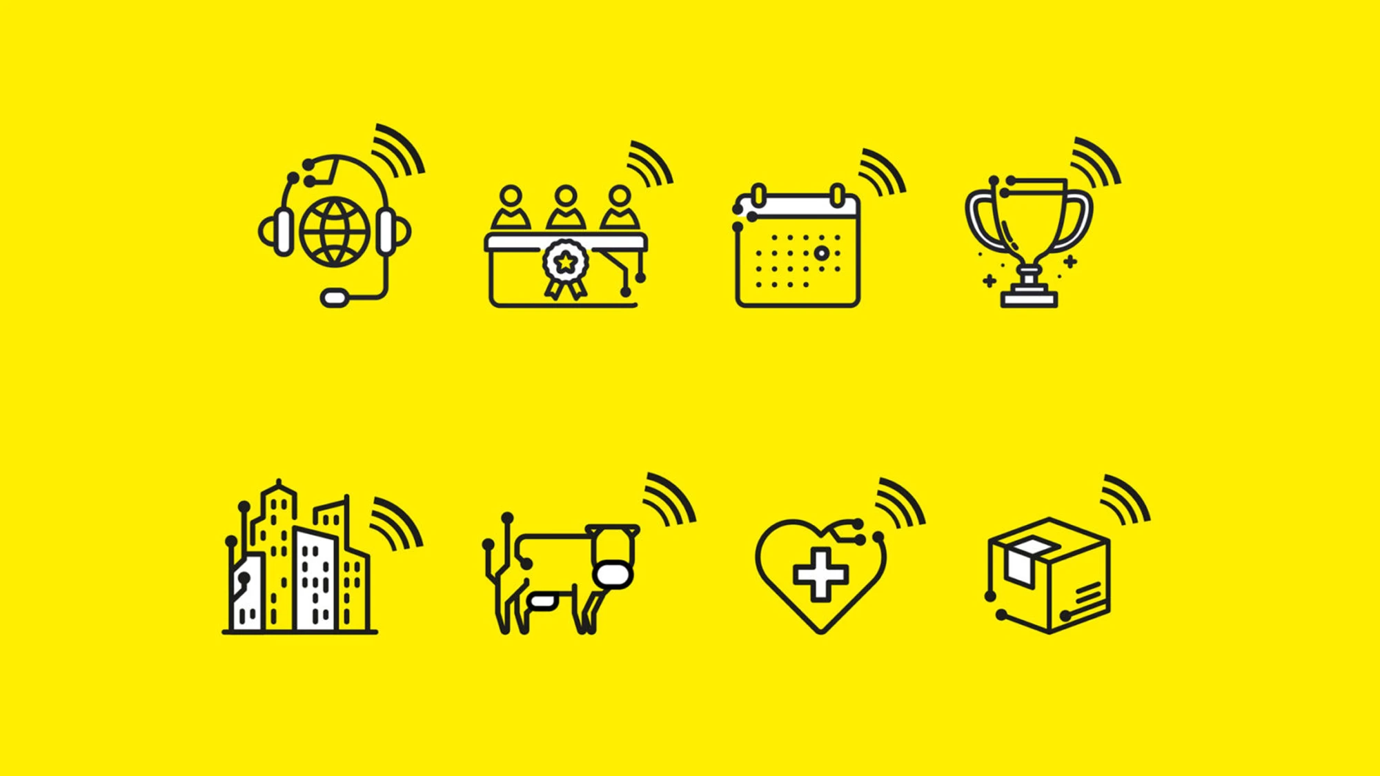 Eight black and white icons on a yellow background showing a headset with a globe, three people with a ribbon, a calendar, a trophy, buildings, a cow, a heart with a medical cross, and a package box, each with wireless signal lines.