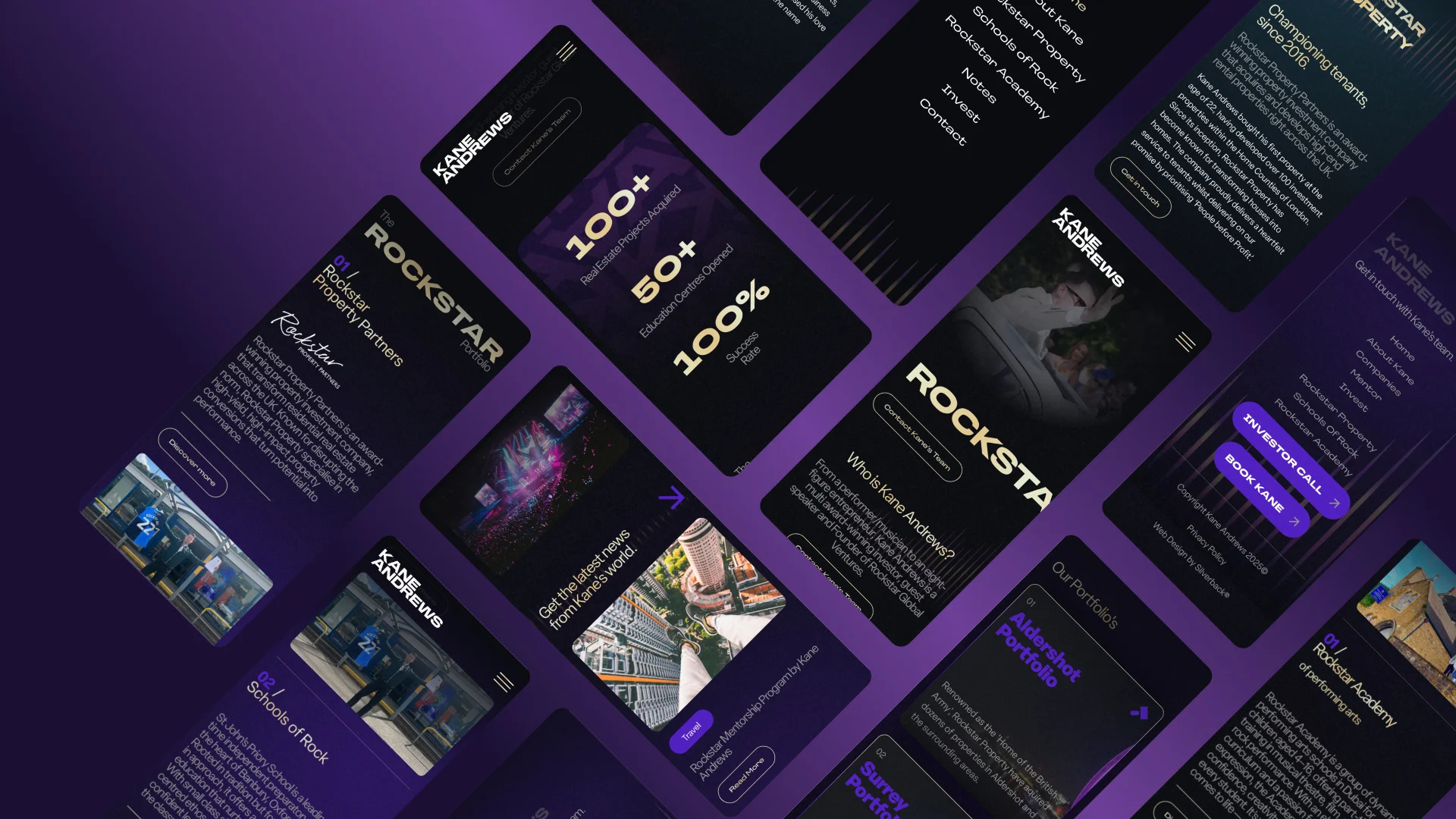 Several angles of mobile screens displaying the Kane Andrews website on a dark purple gradient background.
