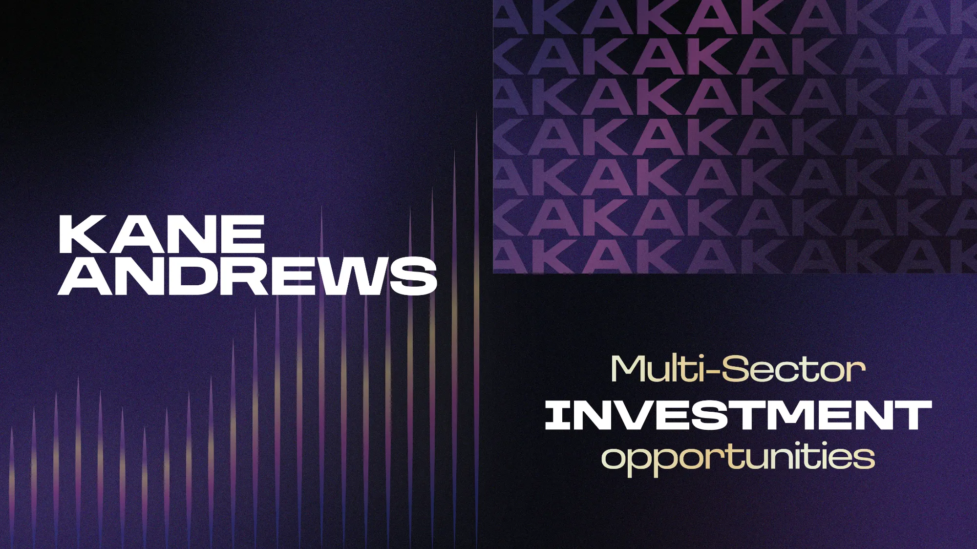 Page divided into three with the Kane Andrews logo and coloured lines on a purple background, the 'KA' logo pattern using a dark purple gradient and a dark purple and black gradient with the words "Multi-Sector INVESTMENT opportunities" in gold and white.