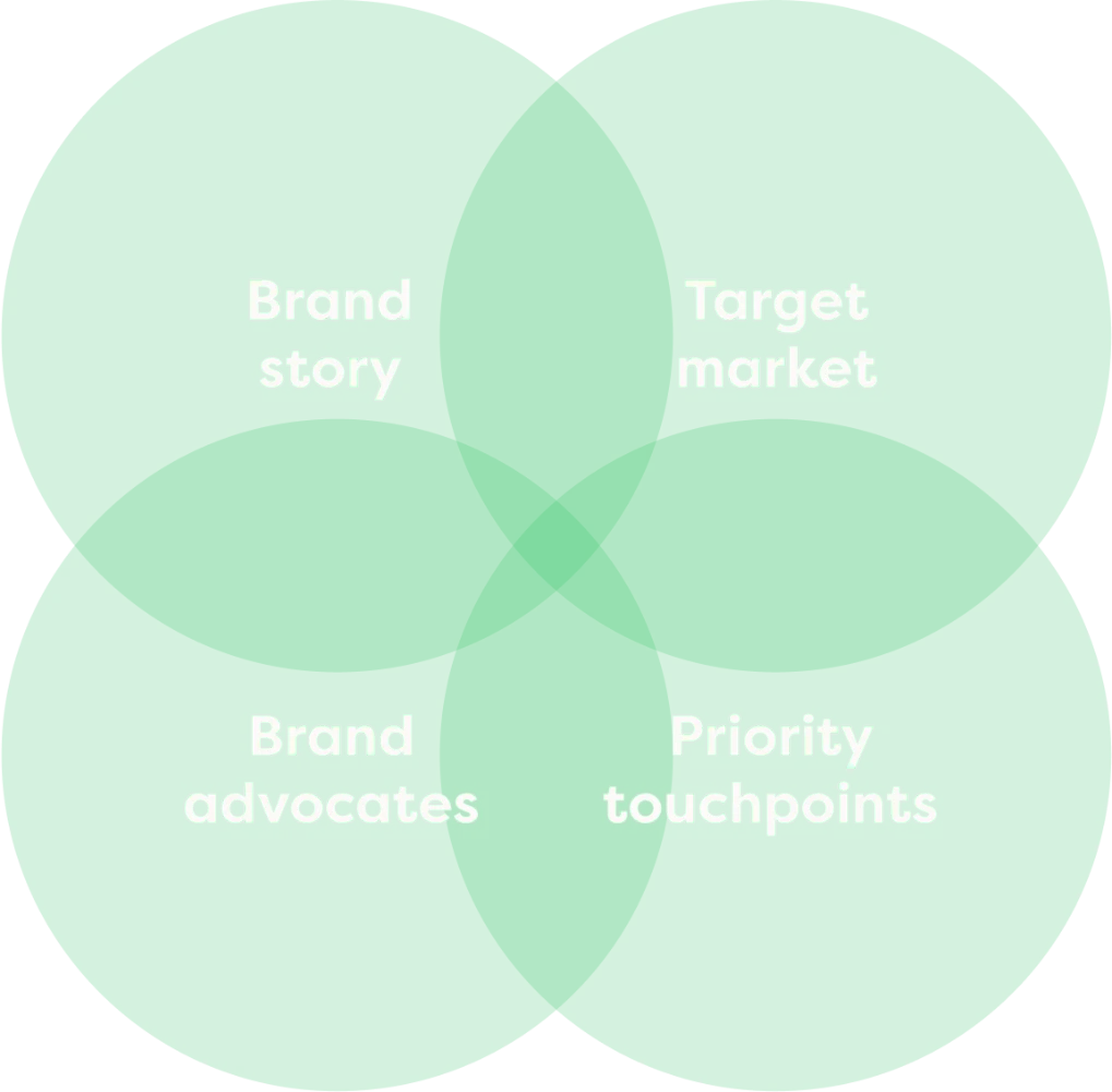 Green venn diagram with four sections labeled Brand story, Target market, Brand advocates, and Priority touchpoints.