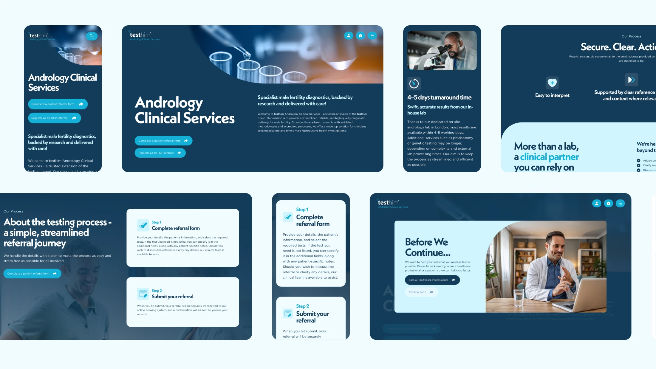Website screens showcasing Testhim Andrology Clinical Services, including referral form steps, service features, and a doctor consulting via video.