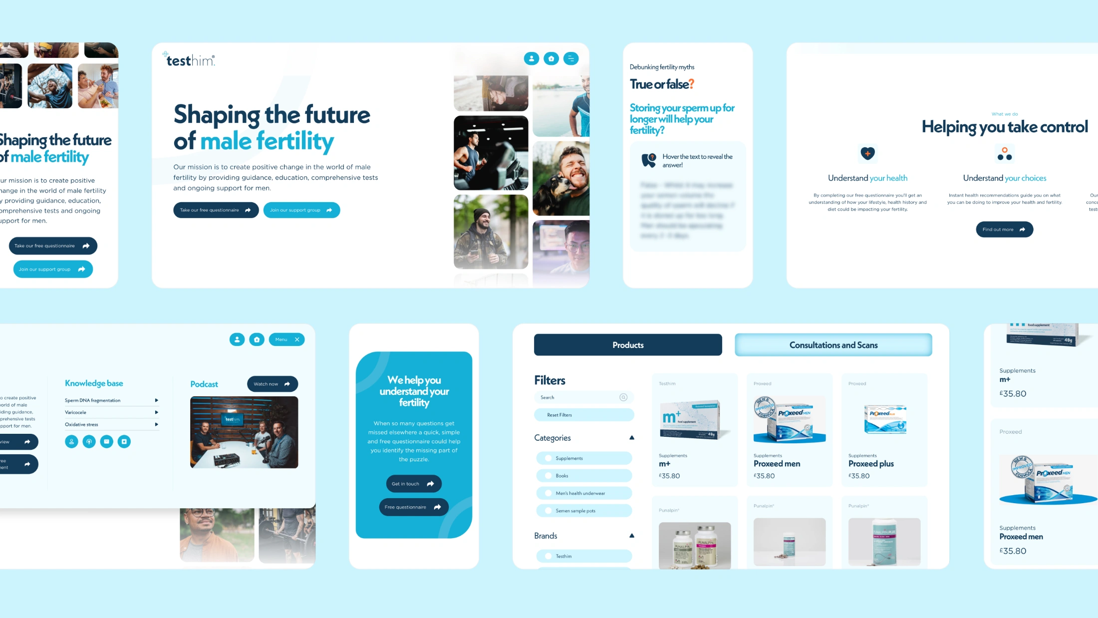 Collage of webpages from Testhim showing male fertility guidance, knowledge base, podcast, product listings, and tools to help understand and take control of male fertility.
