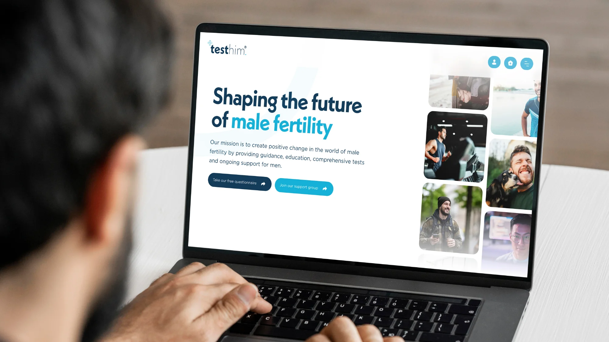 Person typing on laptop displaying a website header titled 'Shaping the future of male fertility' with photos of men and buttons for questionnaire and support group.