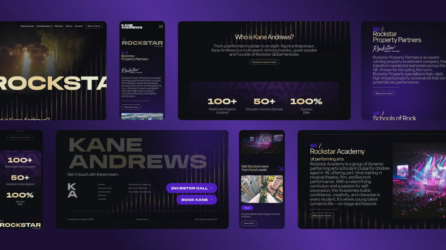 Pages of Kane Andrew's website displayed on a variety of mobile and desktop screen sizes on a purple and dark purple gradient background.