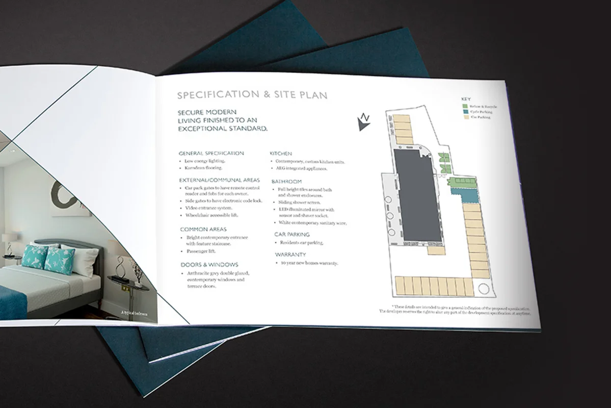 Open brochure showing a modern bedroom on the left and a specification and site plan with text and a color-coded map on the right.