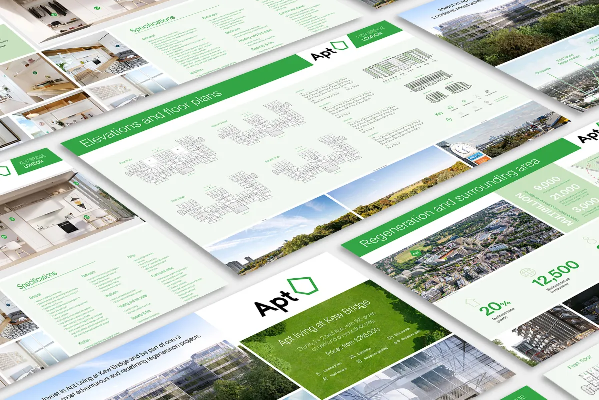 Real estate brochure layout for Apt Living at Kew Bridge featuring floor plans, specifications, aerial views, and pricing information.