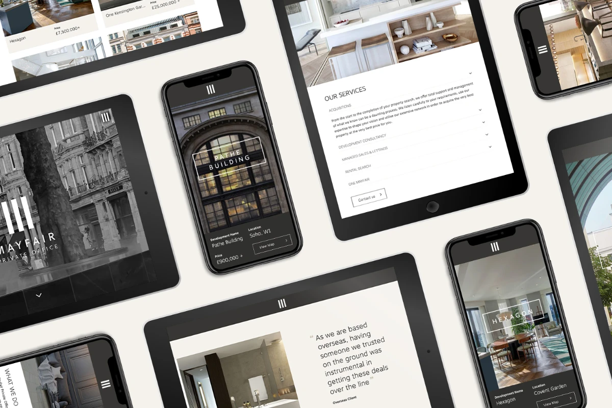 Mobile devices of different sizes laid on a white background with the Mayfair Private Office website running on them.
