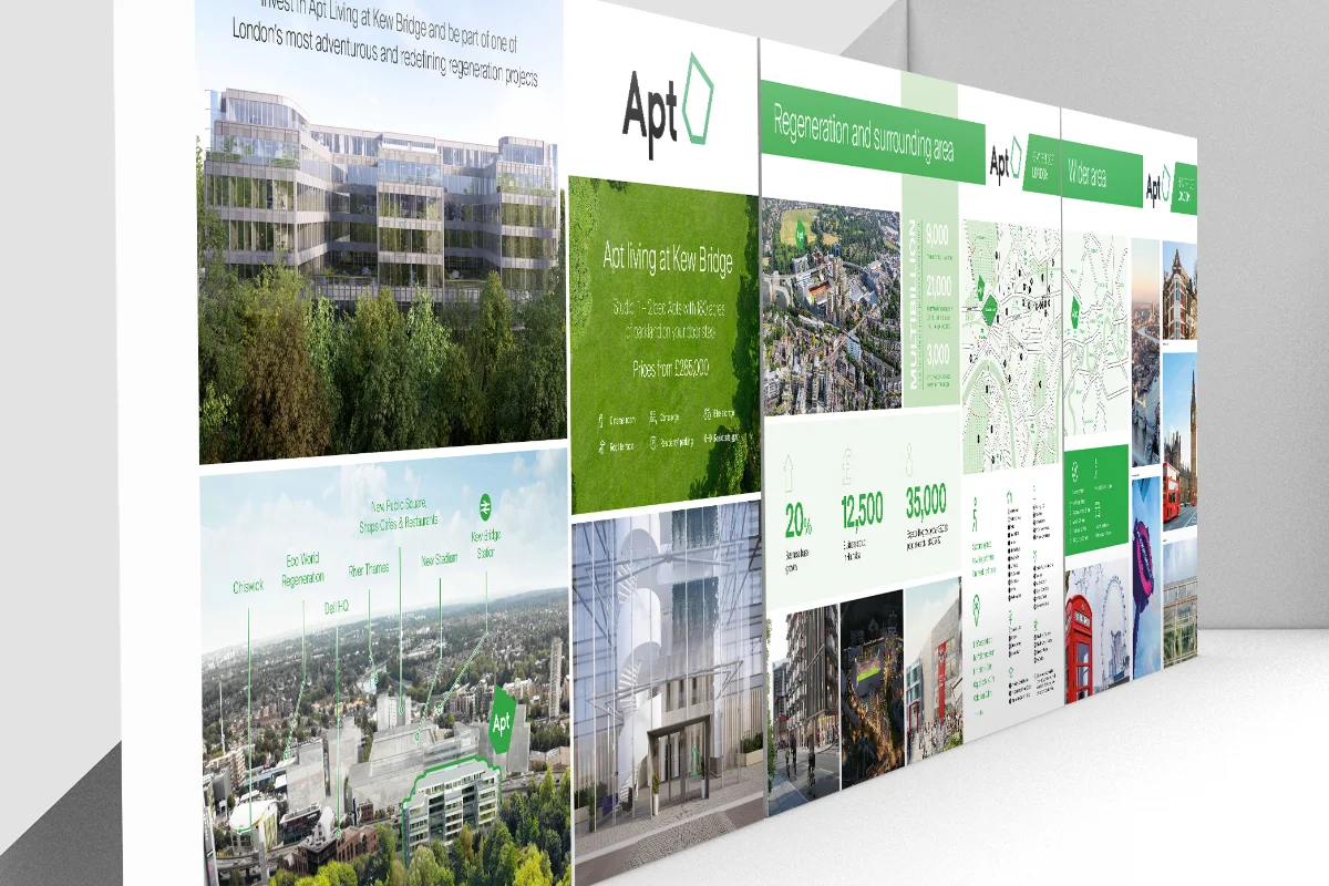 Informational display about Apt Living at Kew Bridge featuring images of modern apartment buildings, aerial view of the area, regeneration statistics, location maps, and photos of nearby landmarks.