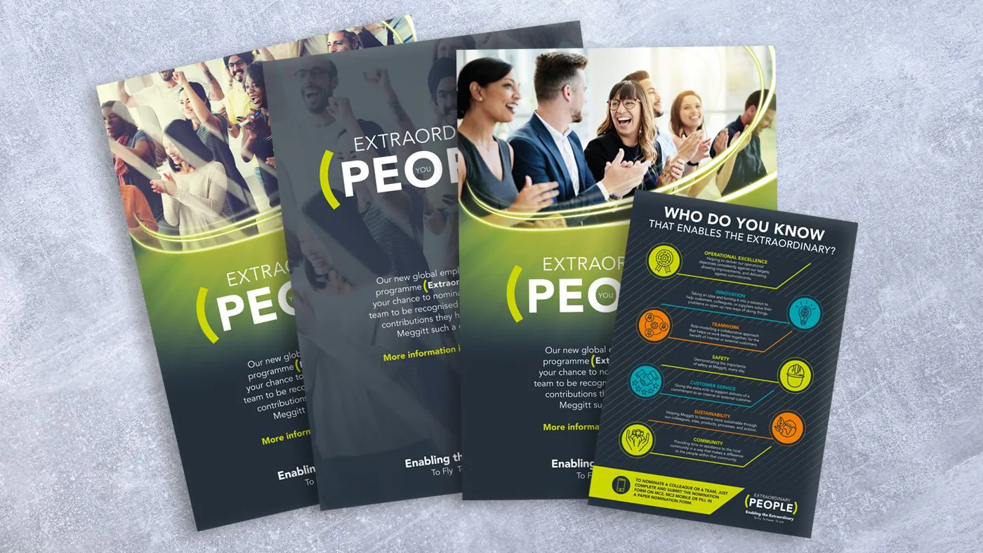 Printed Leaflets and posters for Meggit in grey and bright coloured elements.