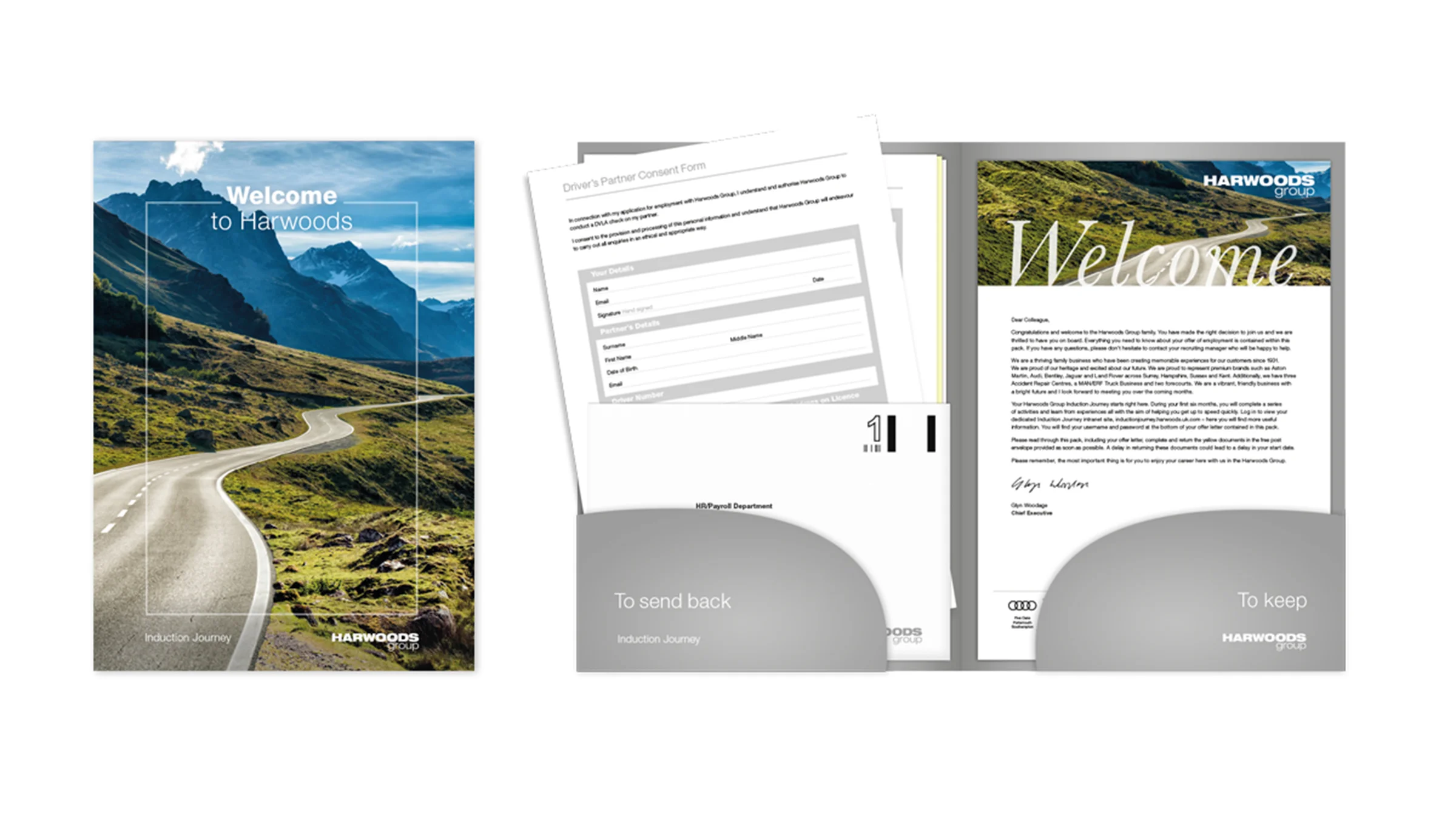 A printed brochure for Harwoods, created by Silverback®