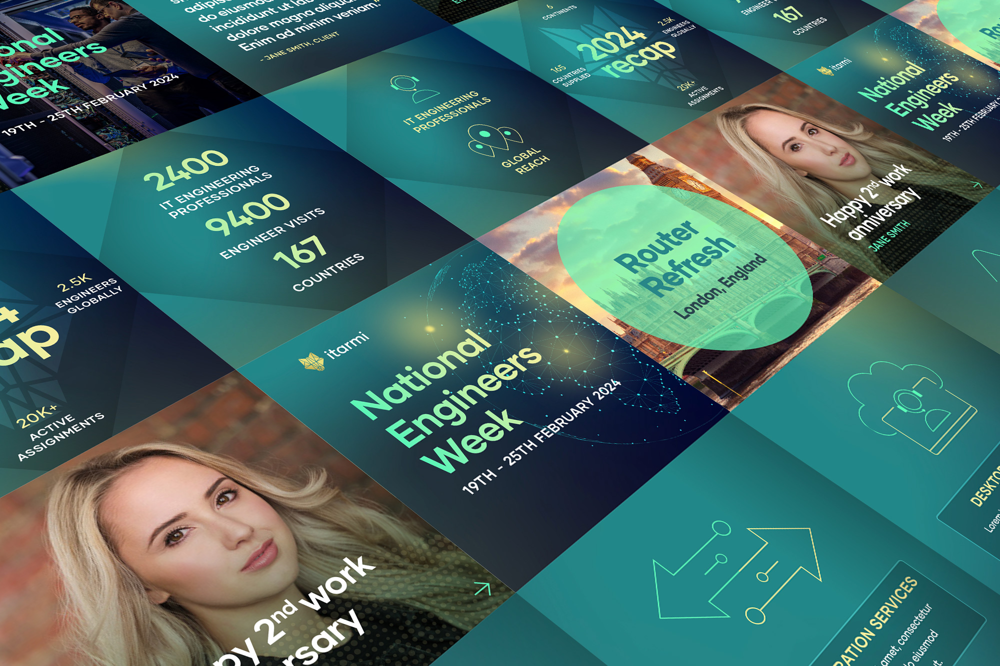 Collage of promotional graphics for Itarmi featuring National Engineers Week, statistics on IT engineering professionals, and a blonde woman celebrating her 2nd work anniversary.