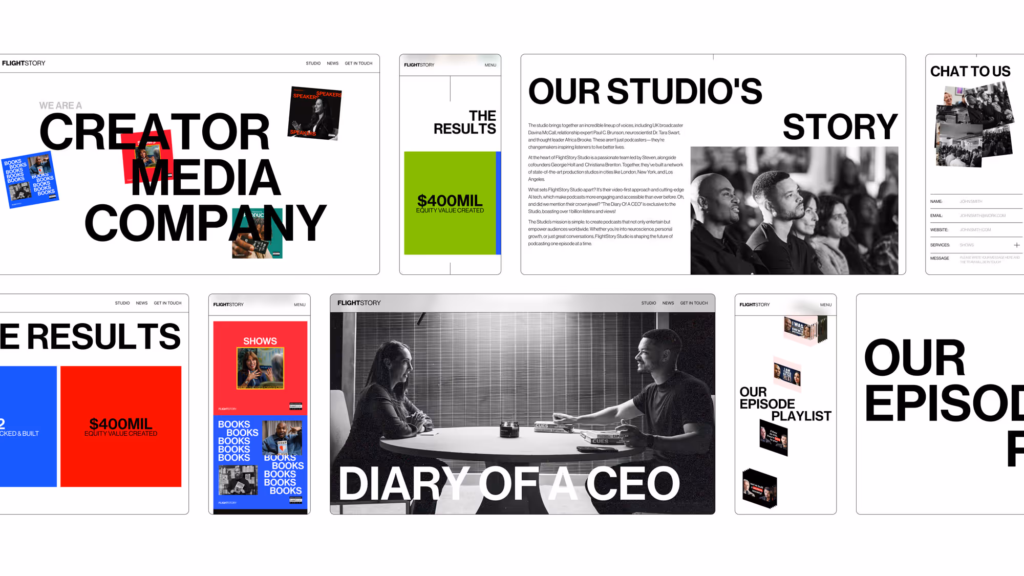 Several screens of the Flight Story website in different screen sizes to showcase responsive design.