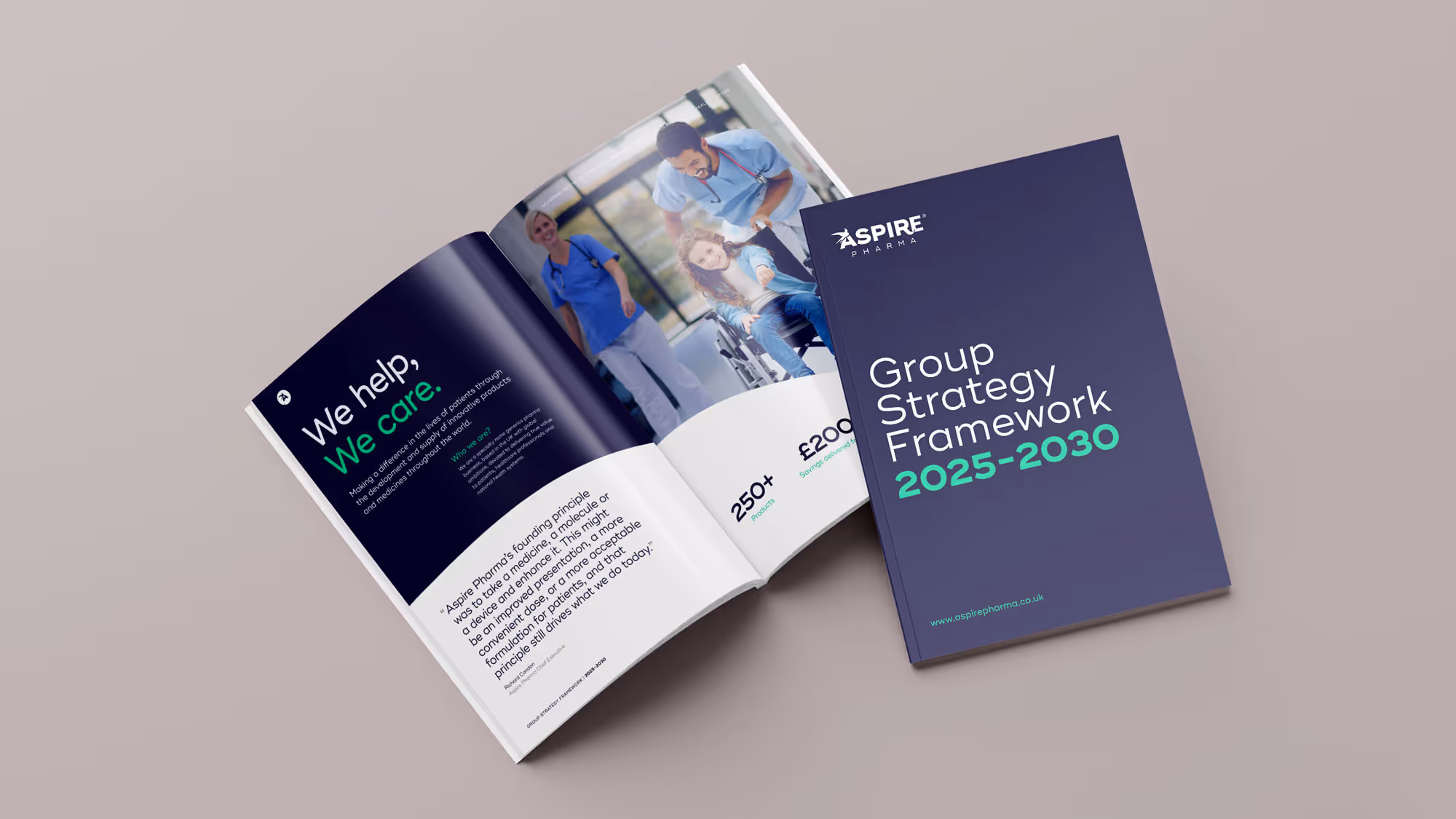 Group Strategy framework booklet for Aspire Pharma visual to display their brand in action.
