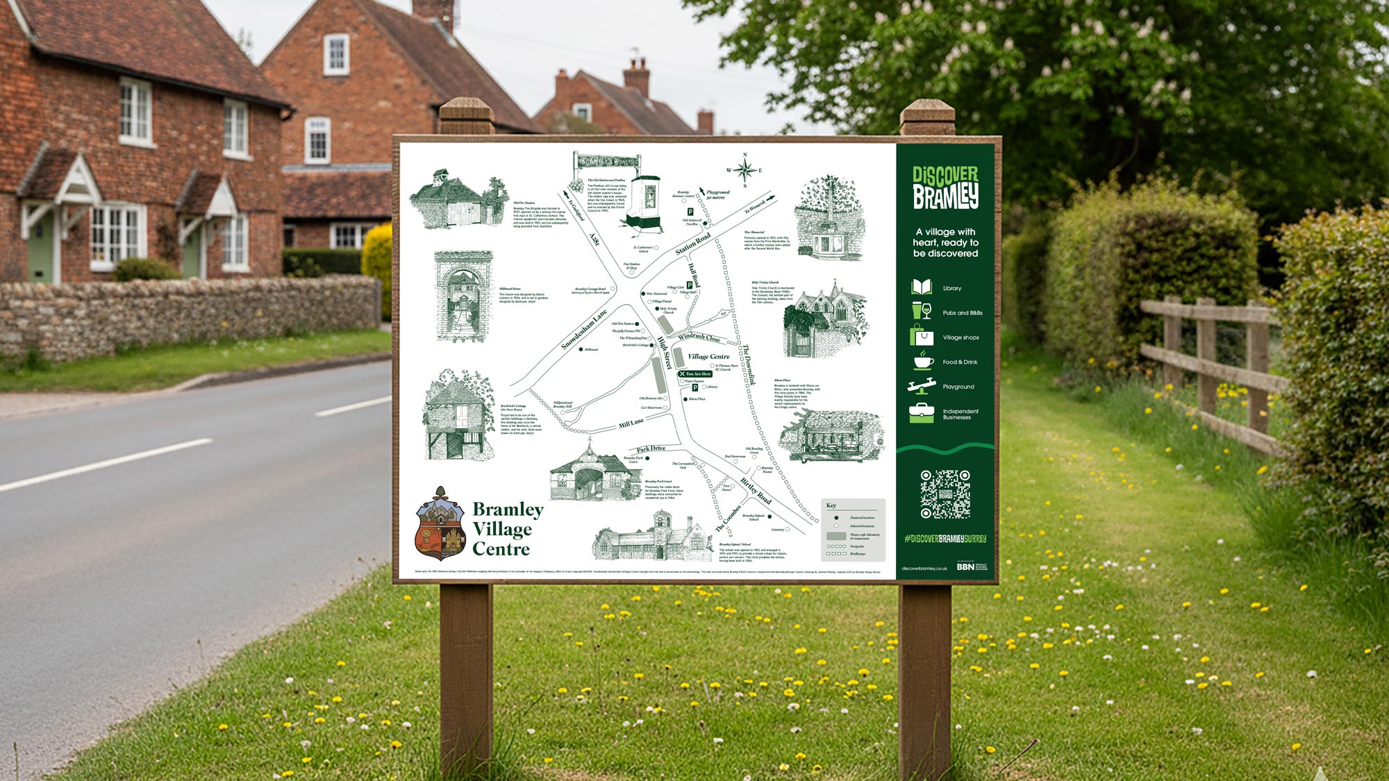 A wayfinding map in Bramley with the Discover Bramley branding, decorated with custom illustrations for key locations.