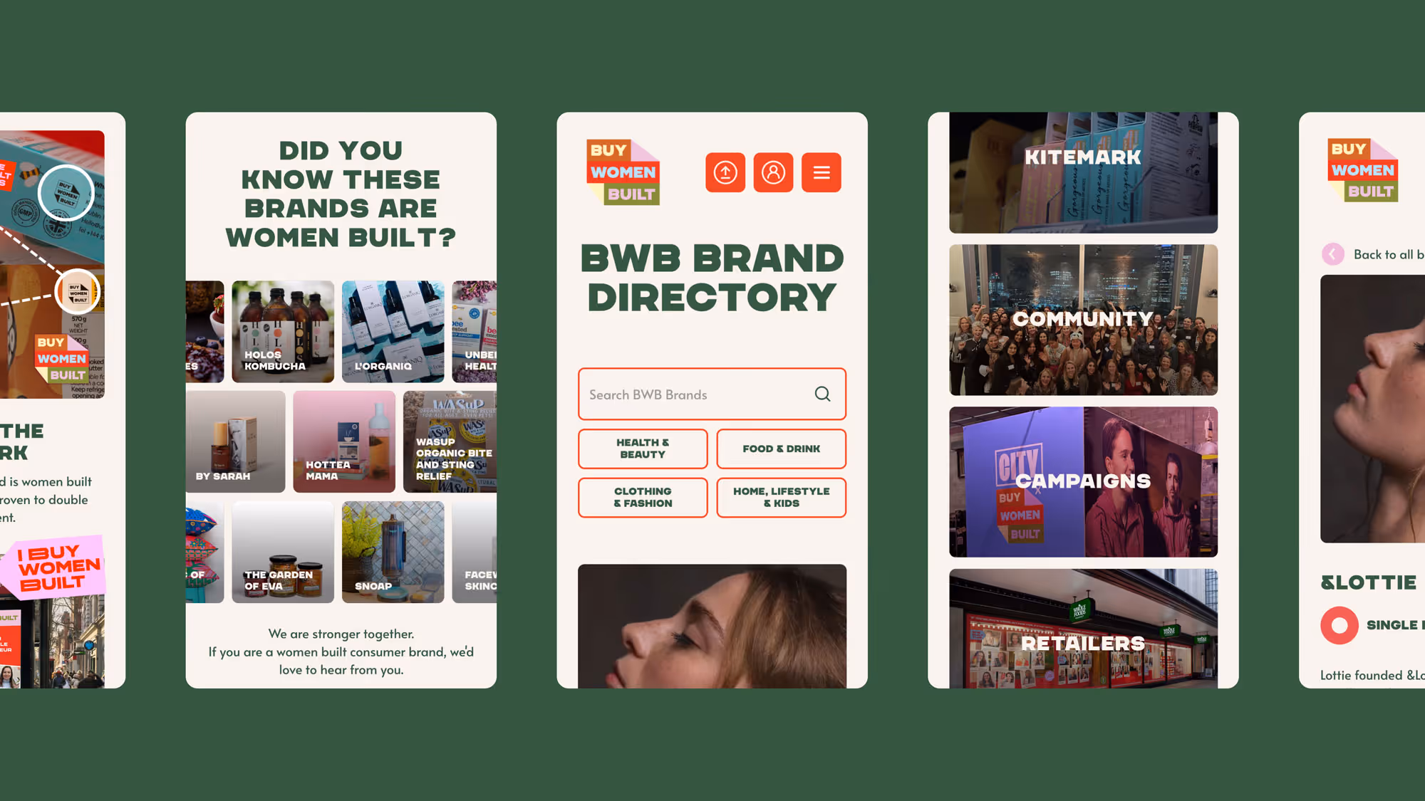 Mobile screens showing Buy Women Built brand directory with search, brand categories, and sections for Kitemark, Community, Campaigns, and Retailers.