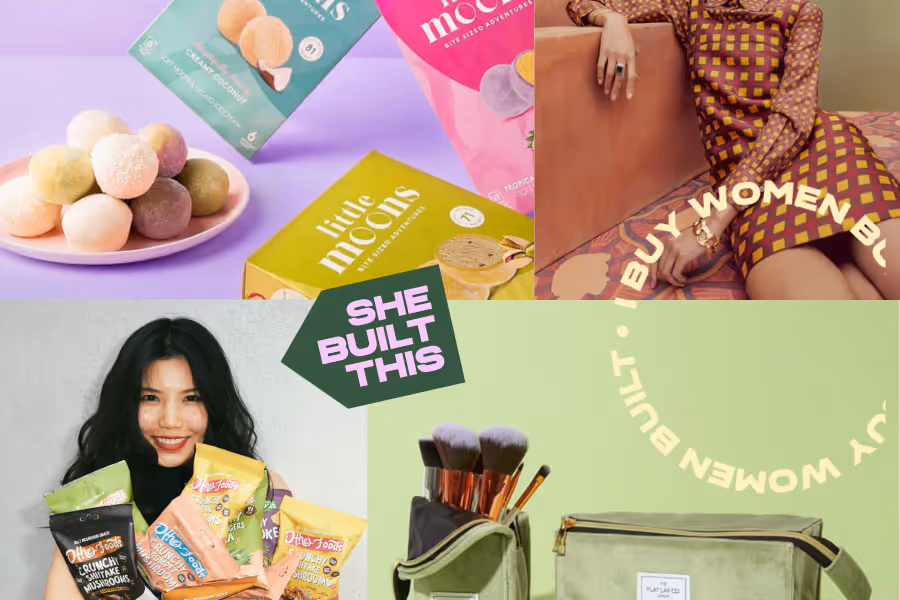 Collage showing colorful little moons packaged snacks, a woman in a patterned dress sitting by a couch, a smiling woman holding various packaged snack bags, and makeup brushes in a green case with text 'She Built This' and 'Buy Women Built'.