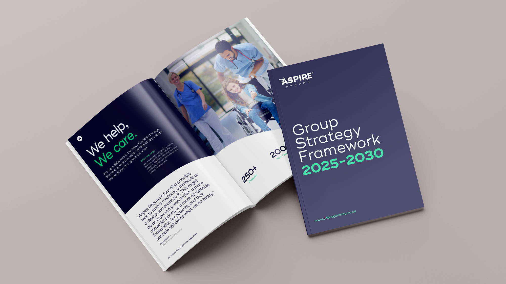 Group Strategy framework booklet for Aspire Pharma visual to display their brand in action.