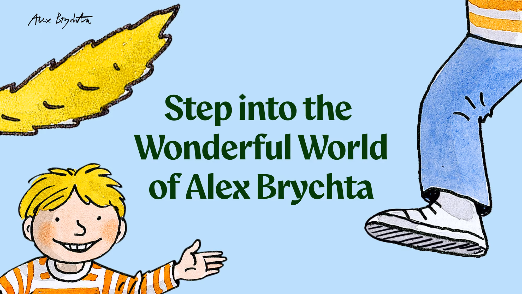 Hero section from Alex Brychta's website with Illustrations surrounding the words "Step into the Wonderful World of Alex Brychta"