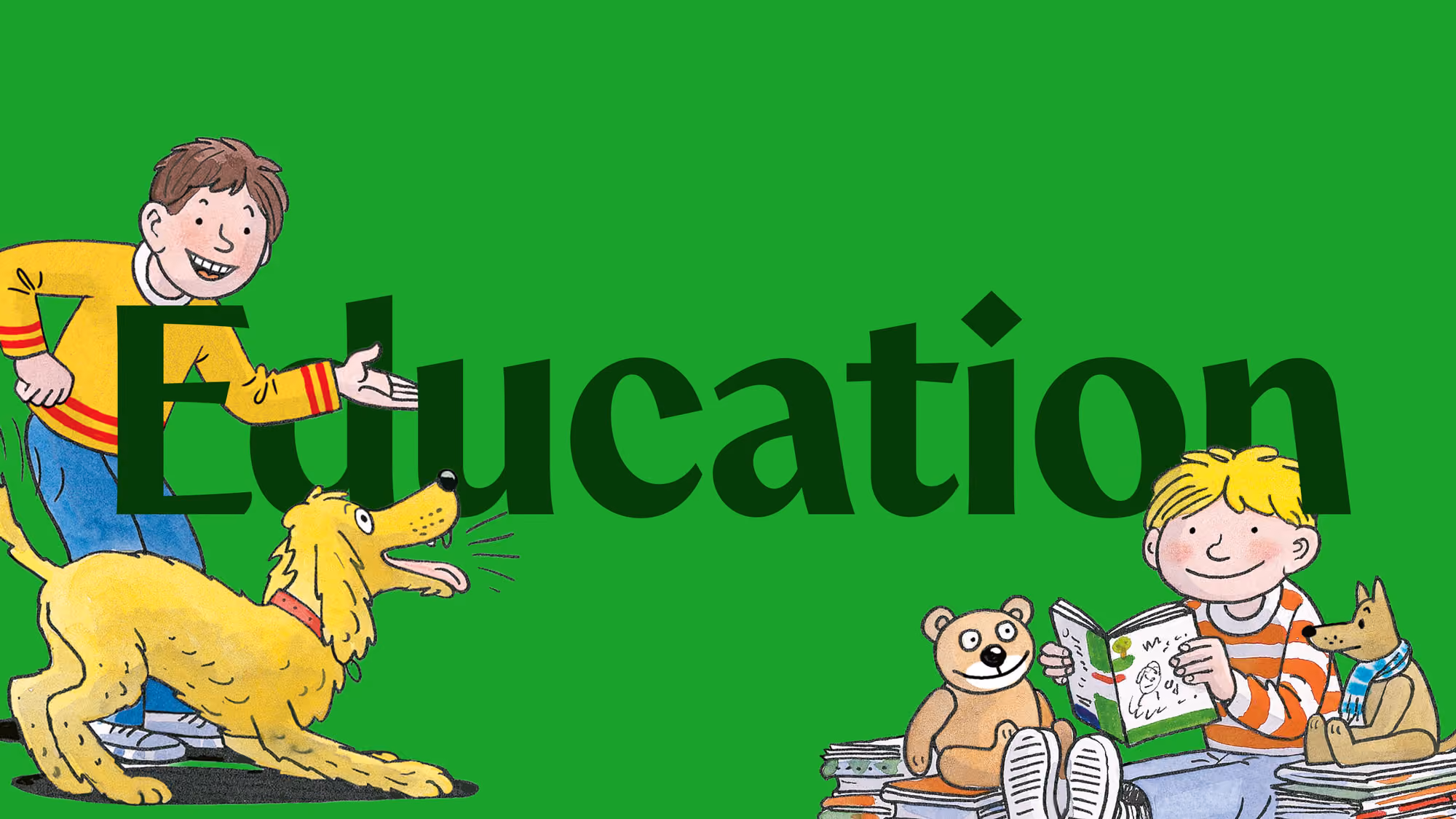 Cartoon boy playing with a dog and another boy reading books with stuffed animals on green background labeled Education.