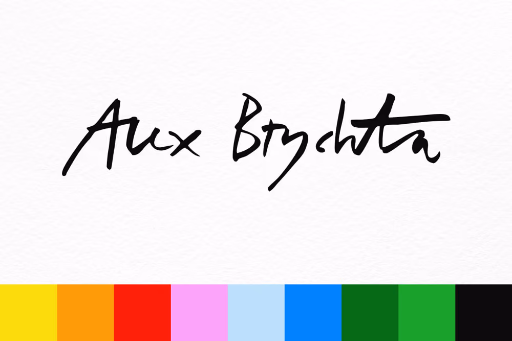 Alex Brychta logo on a paper background with colour blocks underneath from left to right: Yellow, Orange, Red, Pink, Baby Blue, Royal Blue, Dark Green, Light Green, Black.