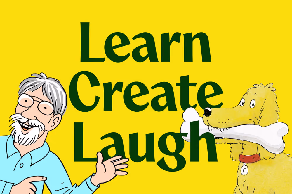 Illustration of Alex Brychta pointing to text 'Learn Create Laugh' and floppy the dog from Biff, Chip and Kipper holding a large bone.
