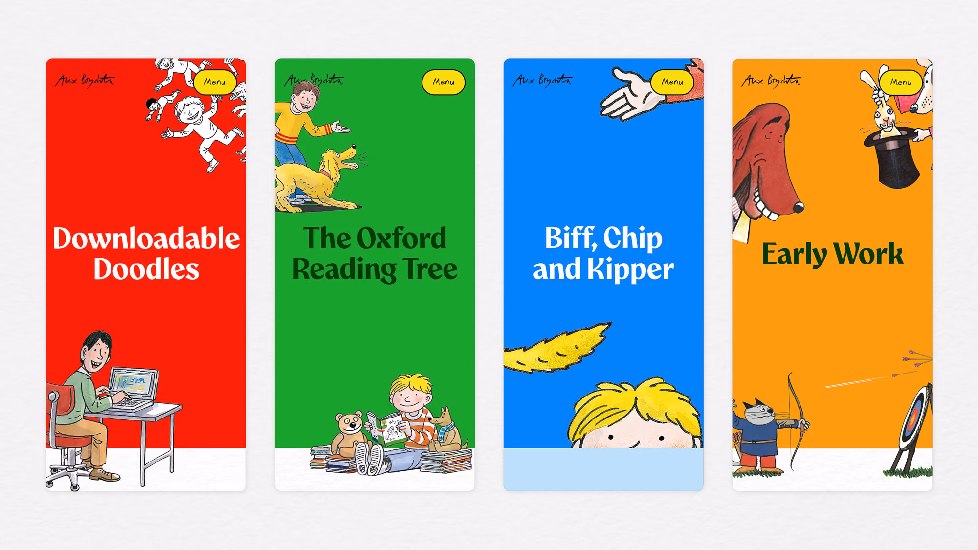 Mobile hero sections from Alex Brychta's website from the Downloadable Doodles, The Oxford Reading Tree, Biff Chip and Kipper and Early Works pages.
