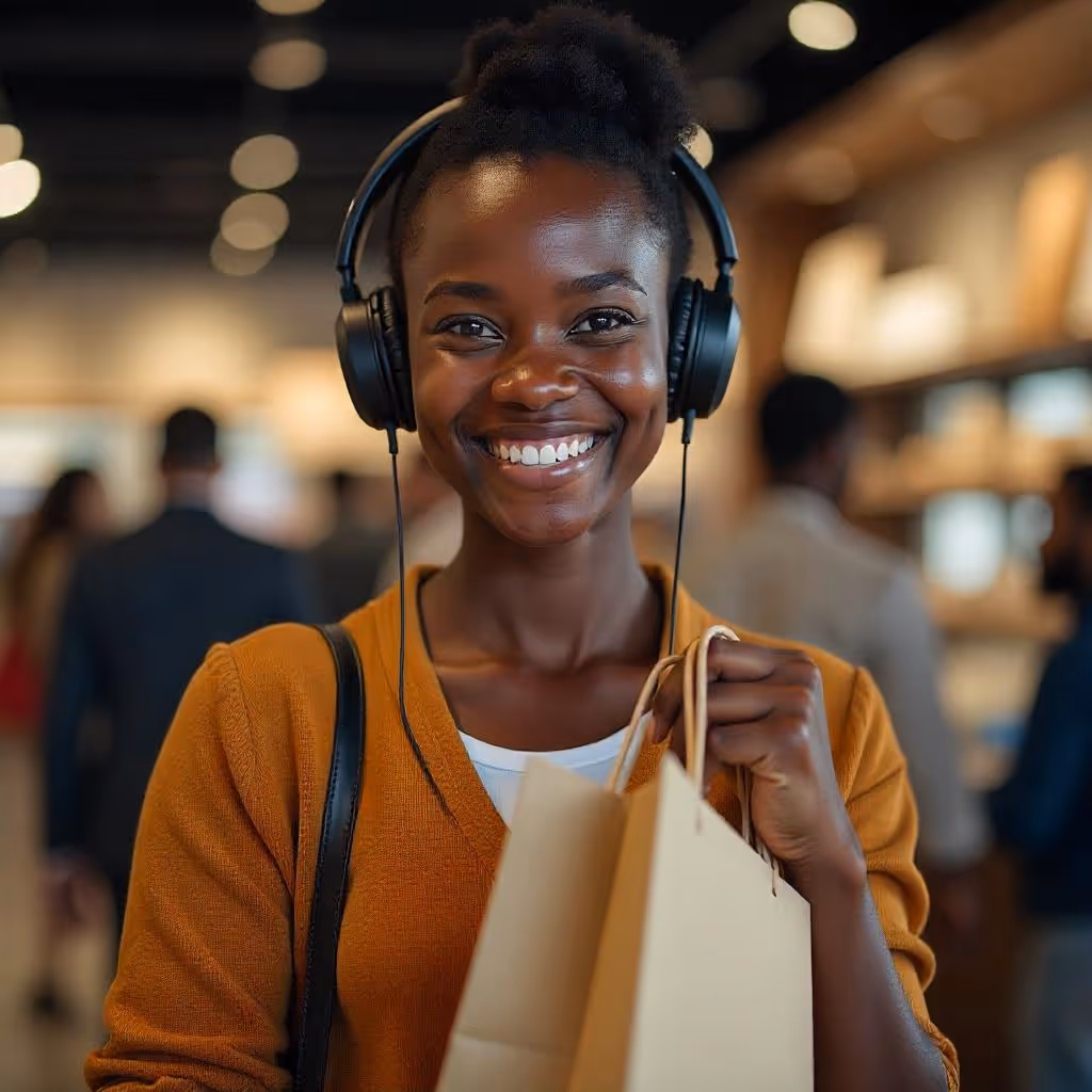 Customer smiling with Sony headphones, highlighting 30-day money back guarantee and risk-free purchase