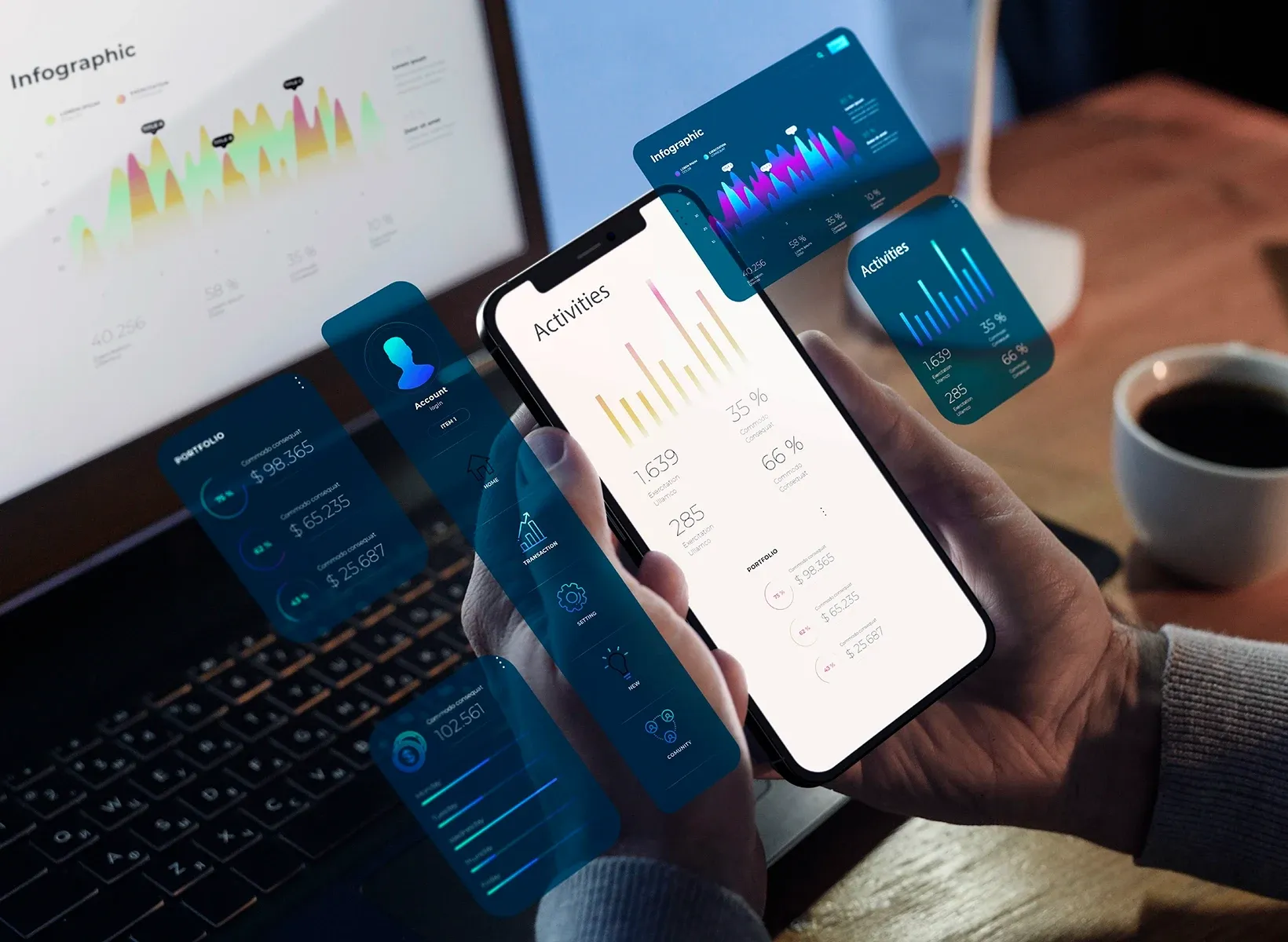 Person holding a smartphone displaying an app with activities and portfolio statistics, with additional translucent data charts floating around, and a laptop and coffee cup in the background. | Architecture in Motion | AIM