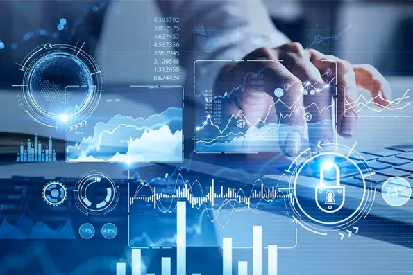 Person typing on a laptop keyboard with futuristic digital data and cybersecurity graphics overlay. | Architecture in Motion | AIM