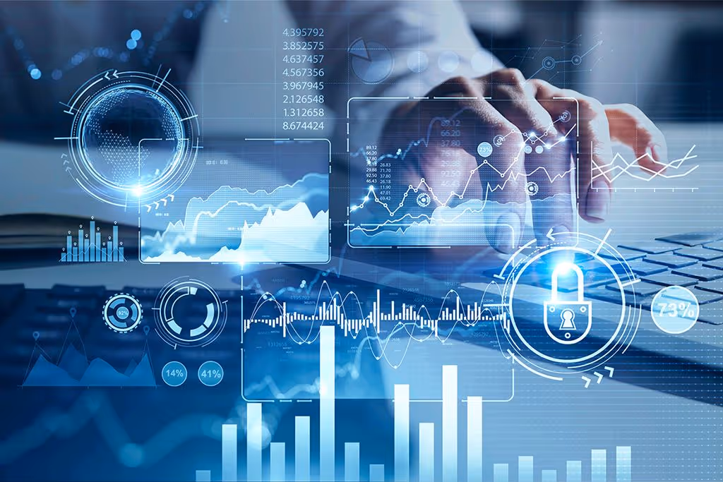 Person typing on a laptop keyboard with futuristic digital data and cybersecurity graphics overlay.