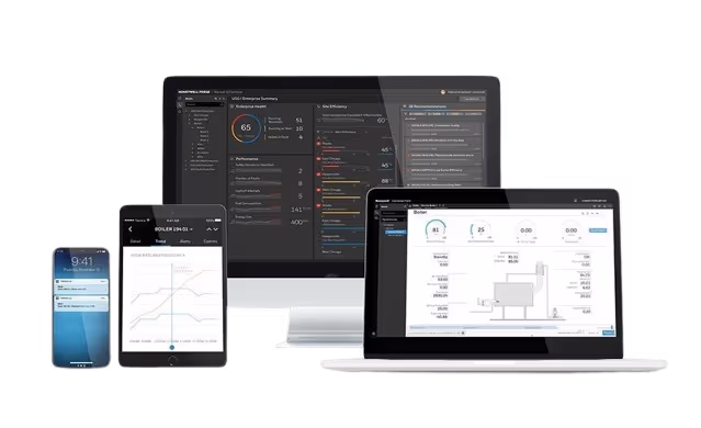 Four devices displaying industrial monitoring dashboards: smartphone on left, tablet with graphs, desktop monitor with summary metrics, and laptop showing equipment data.