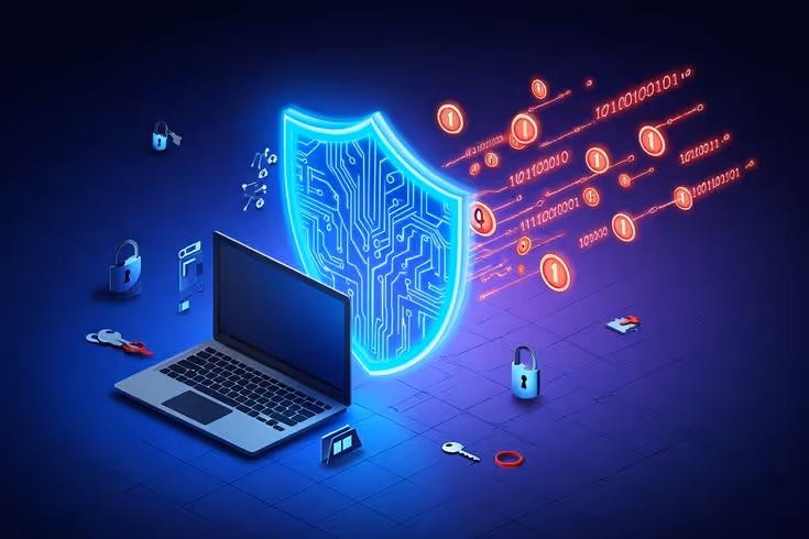 Laptop protected by a glowing blue digital shield blocking streaming binary code and security icons like padlocks and keys on a dark grid background.