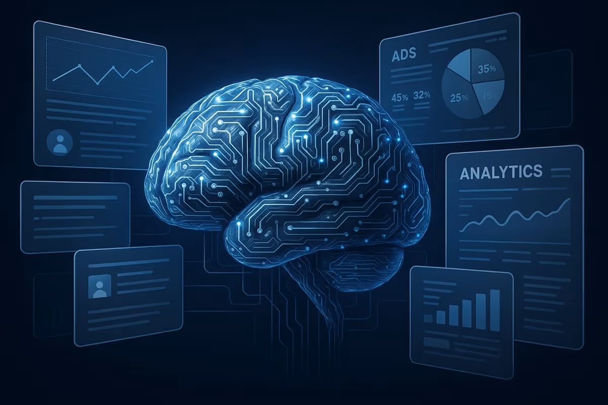 Digital brain with circuitry connected to floating analytics and ads data charts on a dark background.