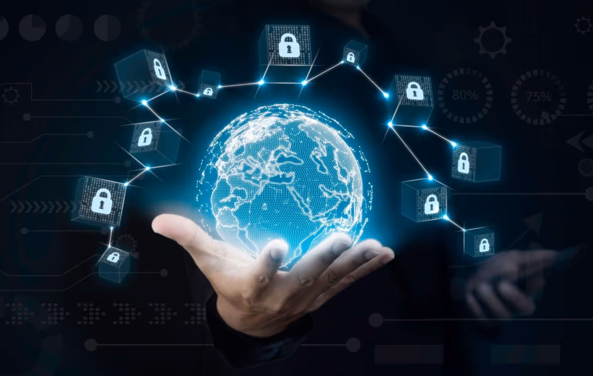 Hand holding a glowing digital globe connected to floating lock icons symbolizing global cybersecurity.