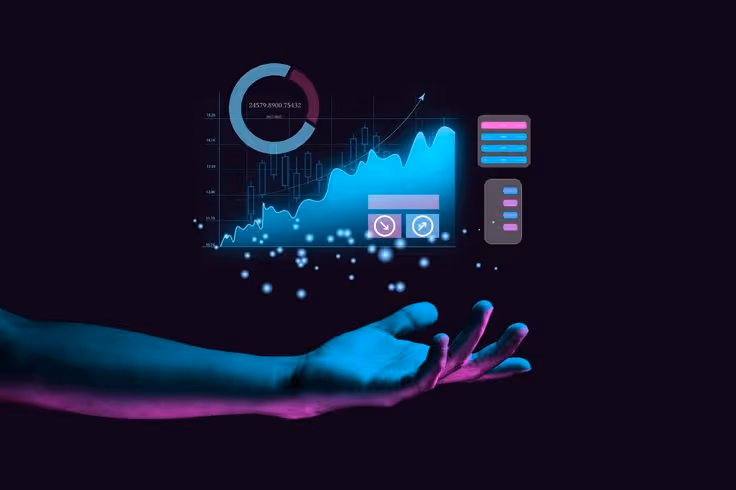 Blue and purple lit hand reaching toward floating glowing financial charts and graphs with ascending data visualization.