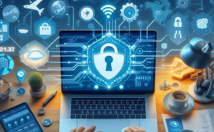 Laptop on desk showing digital lock symbol surrounded by cybersecurity icons, with hands typing and gadgets nearby.