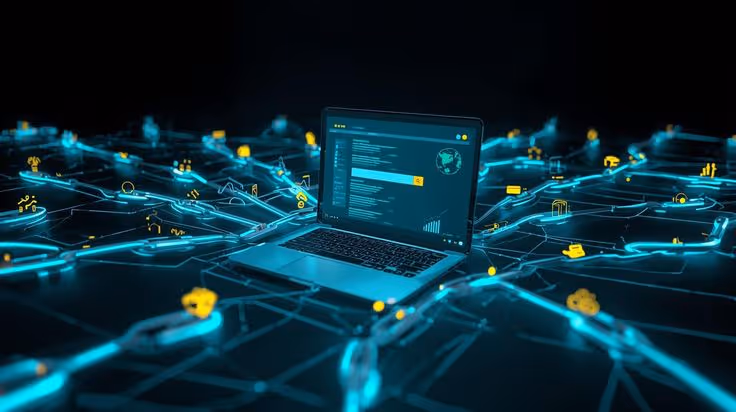 Laptop surrounded by glowing blue blockchain chains and floating yellow digital icons on a dark background.