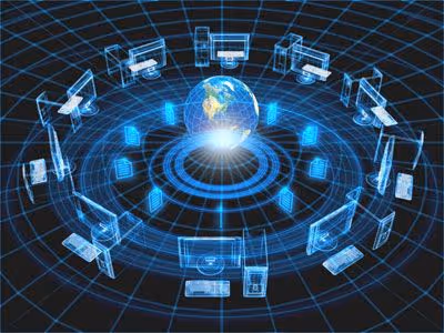 Digital globe surrounded by holographic computer screens and devices arranged in a circular grid pattern.