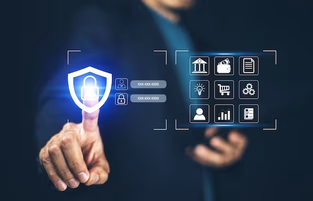 Hand pressing a digital shield lock icon with security and financial service icons on a dark background.