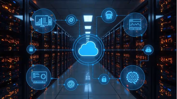 Server room with data racks and glowing icons representing cloud computing and cybersecurity connections.