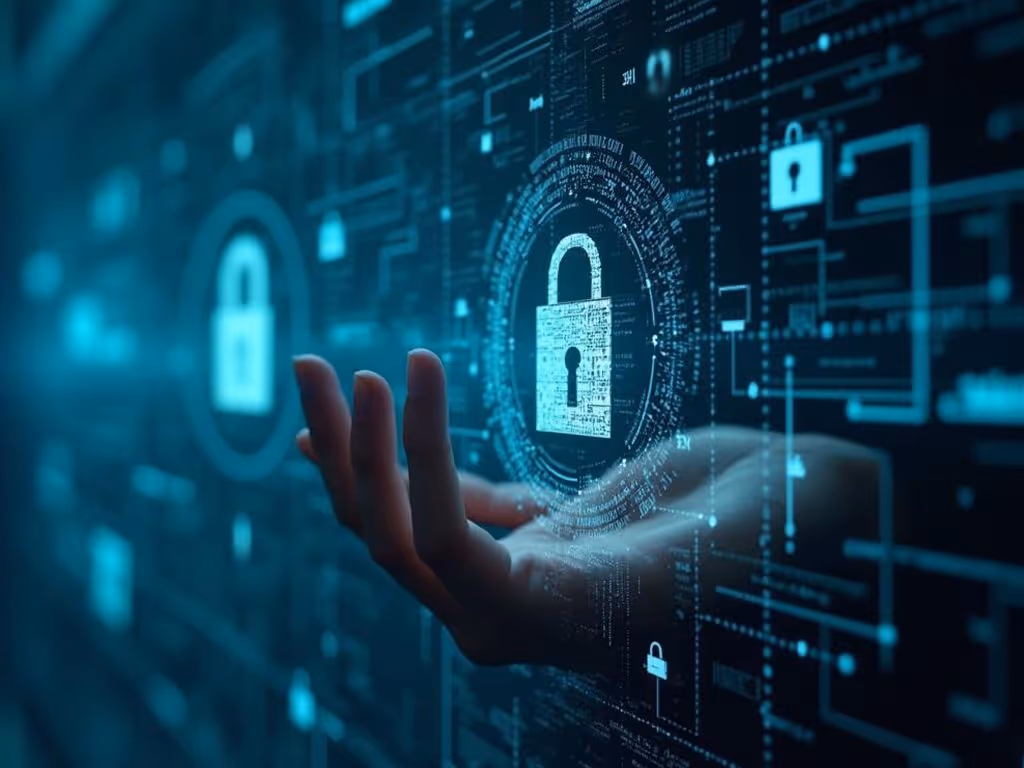 Hand reaching out towards digital padlock icons representing cybersecurity and data protection.