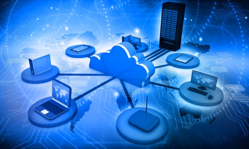 Digital illustration of cloud computing with a cloud icon connected to various devices including a laptop, smartphone, desktop computer, server, and router against a blue world map background.