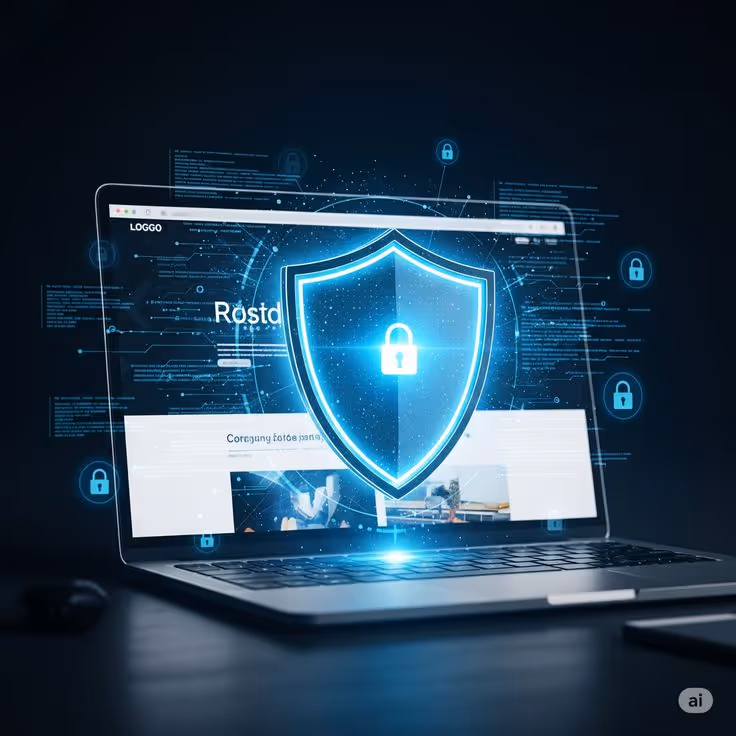 Laptop displaying a glowing shield with a lock symbol, representing cybersecurity and data protection.