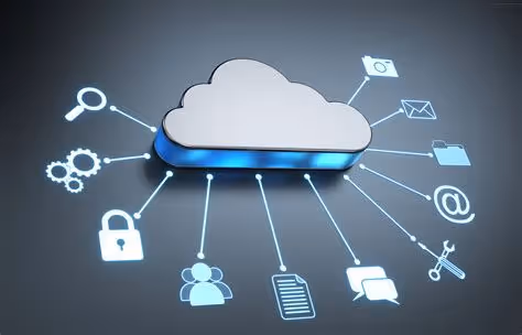 3D cloud icon connected by lines to various technology symbols including a lock, gears, magnifying glass, document, speech bubbles, email, and tools on a dark background.